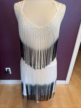 Ark & Co White and Black Fringe Slip Dress